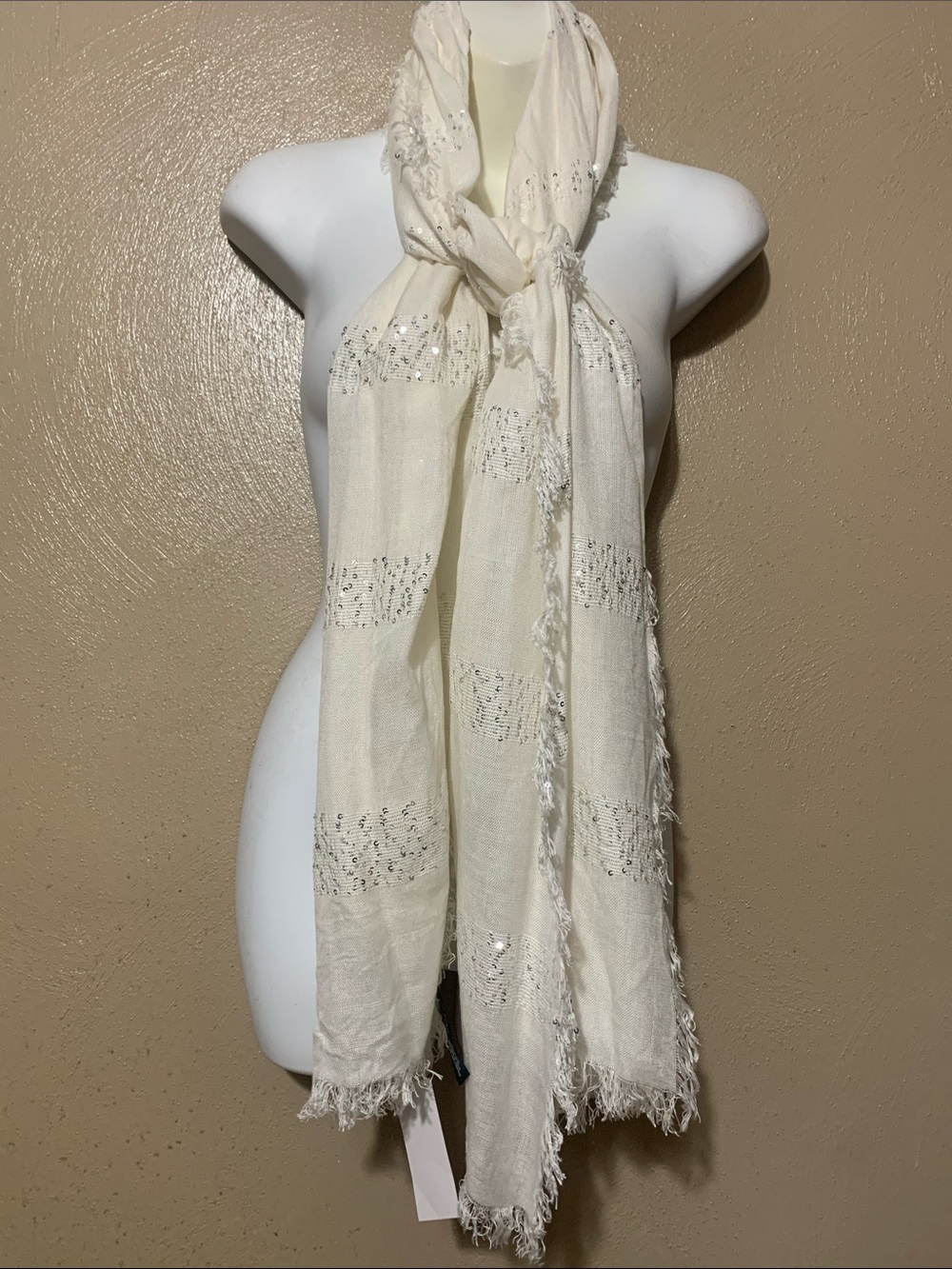 16. Charlie Paige Ivory Sequin Fringe Scarf NWT